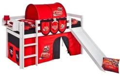 Lit Mezzanine Blanc Avec Toboggan Et Rideau Rouge Disney Cars 90x190 Cm