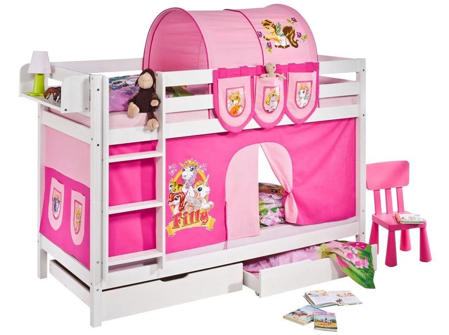 Lit Superposable Blanc Et Rideau Rose Filly 90x190 Cm 3 Lit Superposable Blanc Et Rideau Rose Filly 90x190 Cm